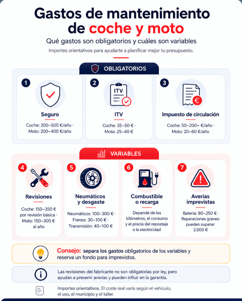Infografía sobre los gastos obligatorios y variables de coche y moto: revisiones, neumáticos, seguro, ITV, impuestos, combustible y averías.